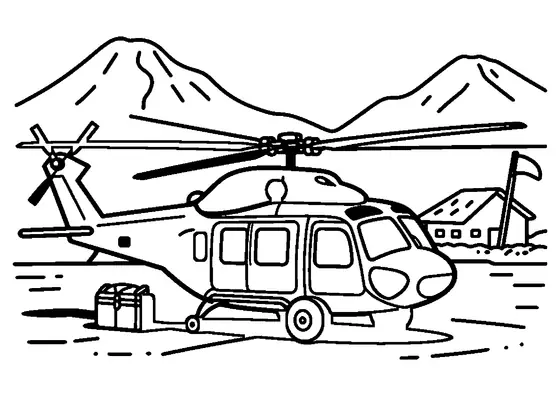 Un helicóptero de rescate está en la pista junto a una camilla y una caja.