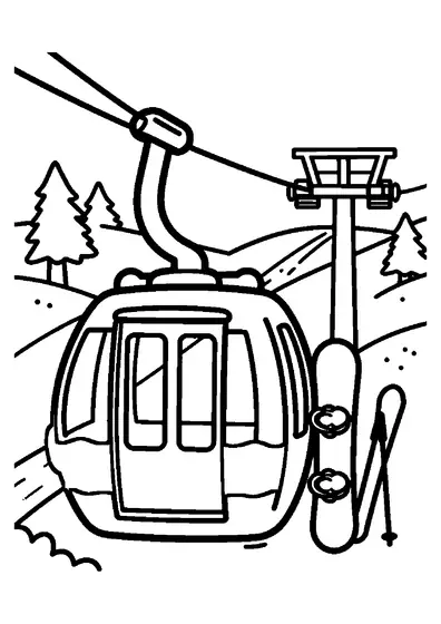 La cabina de un teleférico cuelga sobre la pista junto a la estación y los abetos.
