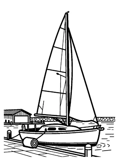 Un velero amarrado al pantalán junto a una defensa de barco y una cuerda.
