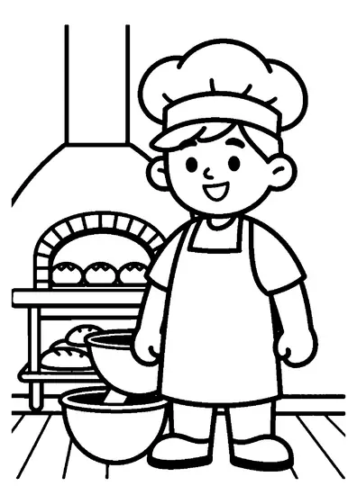 Un niño sonriente junto a un tazón y un rodillo de cocina en la panadería.