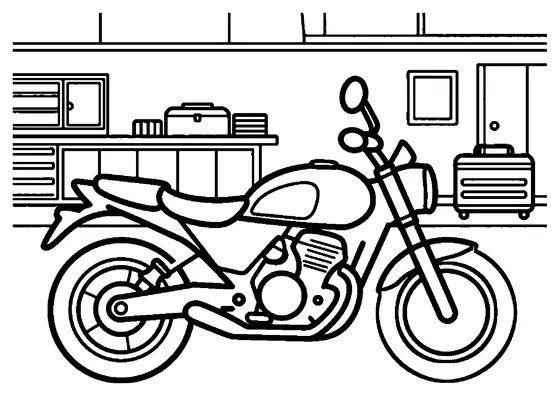 Una moto junto a una caja de herramientas y una rueda en el taller mecánico.