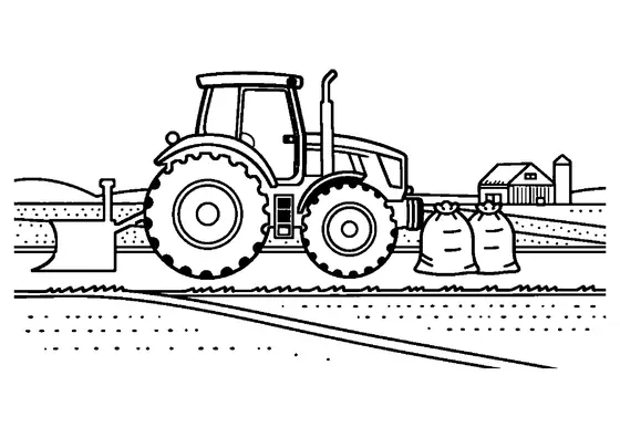 Gran tractor tirando de un arado por el campo con una granja al fondo.