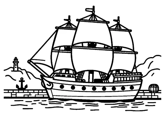 Un velero navega por la cala junto a un ancla y un barril de madera.