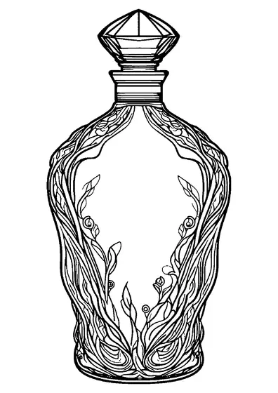 Elegante frasco de perfume con motivos secesionistas de enredaderas y tapón de cristal.