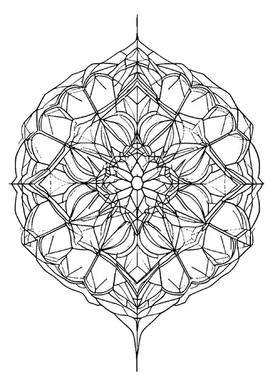 Präzises geometrisches Mandala mit komplexen Vielecken und Sternformen.