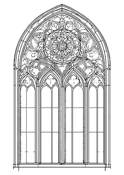 Eine kunstvolle gotische Fensterrosette mit symmetrischen Bögen und Ornamenten.