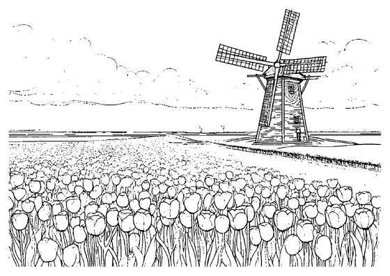 Traditionelle holländische Windmühle vor geometrisch angelegten Tulpenfeldern.