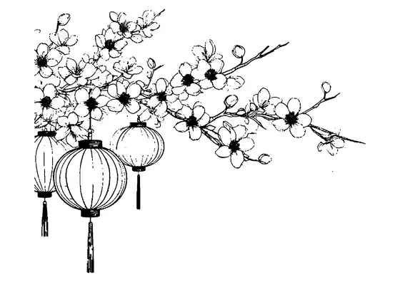 Blühender Kirschzweig mit dekorativen asiatischen Papierlaternen.