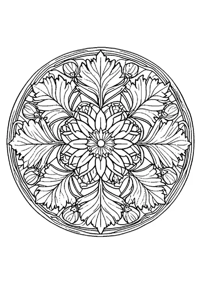 Dibujo para colorear antiestrés con una mandala botánica de hojas de roble y bellotas.