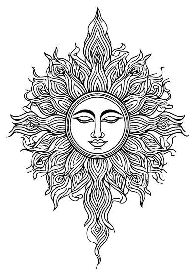 Ein symmetrisches Mandala mit einer strahlenden Sonne und kunstvollen Ornamenten.