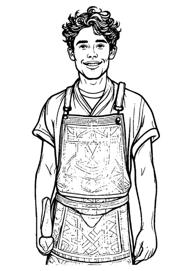 Dibujo para colorear difícil con el retrato de un artesano vistiendo un delantal de trabajo decorado.