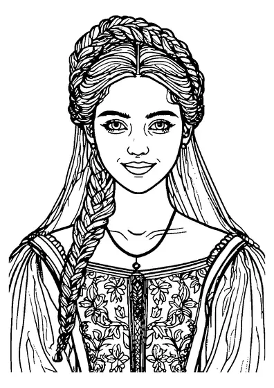 Retrato de una mujer con peinado recogido y vestido de motivos renacentistas.