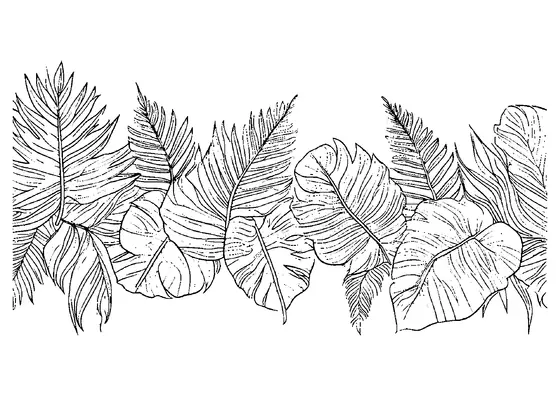 Dichte tropische Komposition aus stilisierten Monstera-, Palmen- und Farnblättern.