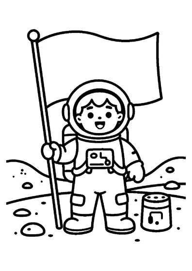 An astronaut on the Moon next to a flag and a storage container.