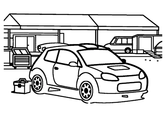 Une voiture de rallye est arrêtée dans la zone d’assistance, près d’une tente, d’une boîte à outils et d’une rampe.