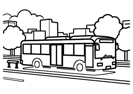 Bus urbain près d’un abribus et d’un banc, au bord d’une large rue.