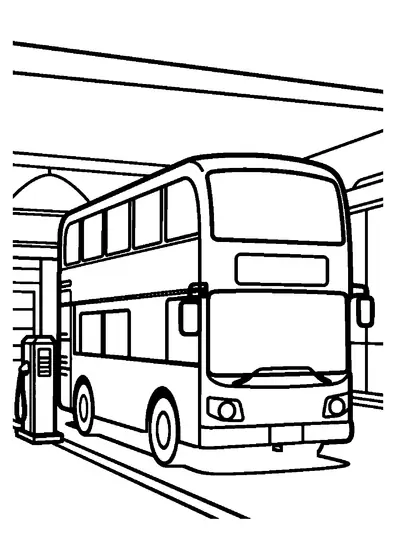 Ein Doppeldeckerbus steht an einem Wartungsplatz in einem städtischen Busdepot.