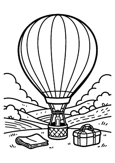 A large hot air balloon floats above a scenic valley with fields and rolling hills.