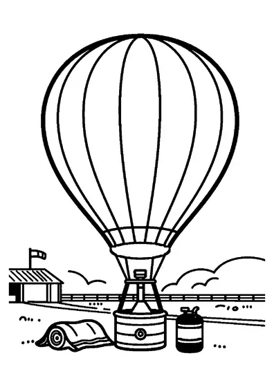 Ein großer Heißluftballon steht mit seinem Korb und einem Gasbehälter auf dem Startplatz.