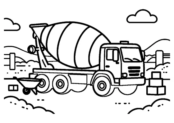 Un camion-bétonnière est garé près d’une brouette et d’une pile de parpaings sur un chantier.