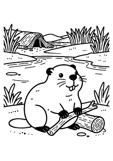 Un castor est assis au bord d’un étang, près d’une branche, d’un tronc, d’un barrage en bois et de roseaux.