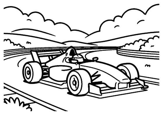 Voiture de course près d’une pile de pneus et d’un casque sur un circuit.