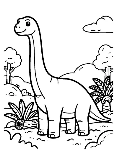 Un brachiosaure se tient près de grandes feuilles, avec une forêt préhistorique et des collines en arrière-plan.