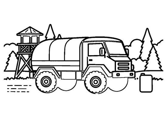 Un camion militaire bâché à l’arrêt sur un terrain d’exercice en forêt.