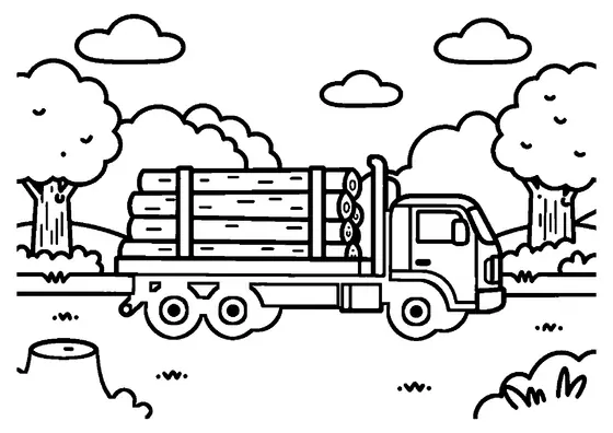 Un camion chargé de grumes est arrêté sur une route forestière, près d’une souche et d’une pierre.