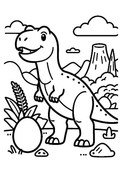 A friendly T-Rex dinosaur standing among prehistoric ferns and rocks.