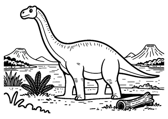 Ein langhalsiger Diplodocus steht am Ufer eines urzeitlichen Sees zwischen Farnblättern.