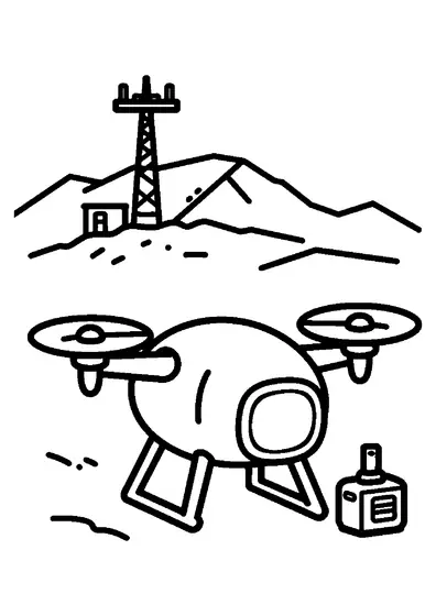 Um drone de resgate repousa junto a uma caixa com vista para uma estação meteorológica de montanha coberta de neve.