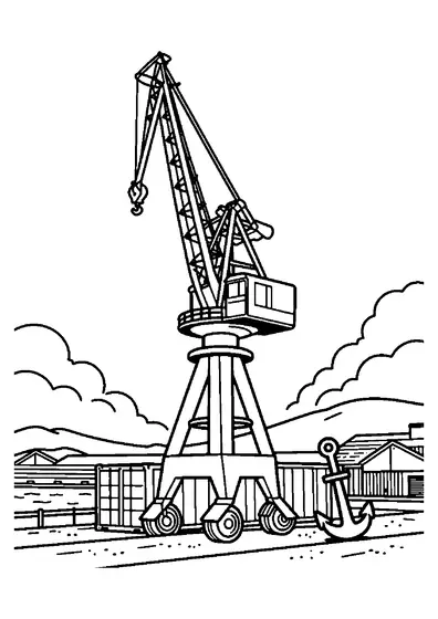 A tall harbor crane next to a shipping container and anchor on the dock.