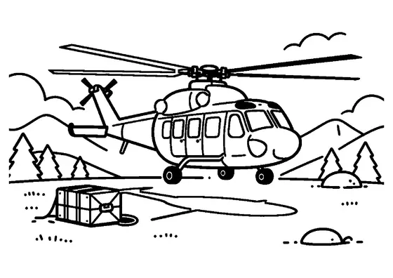 A helicopter hovering over a mountain helipad near a rescue crate.