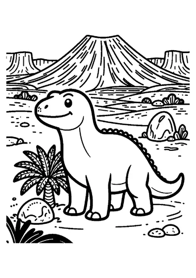 Un iguanodon se tient sur un plateau volcanique près d’un cycas, d’un rocher et du large cône d’un volcan.