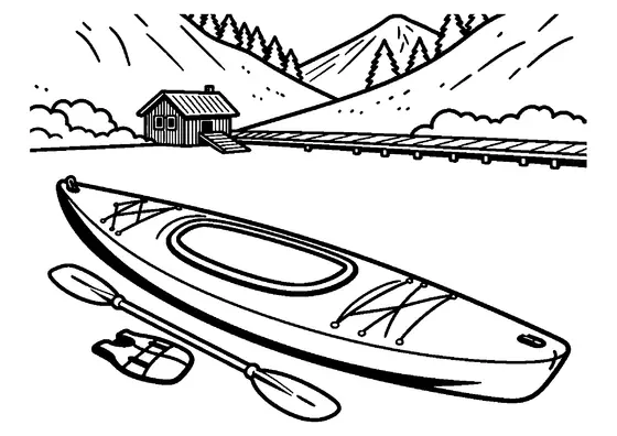 Ein Kajak liegt neben einem Paddel und einer Schwimmweste auf einem hölzernen Anleger am Bergsee.
