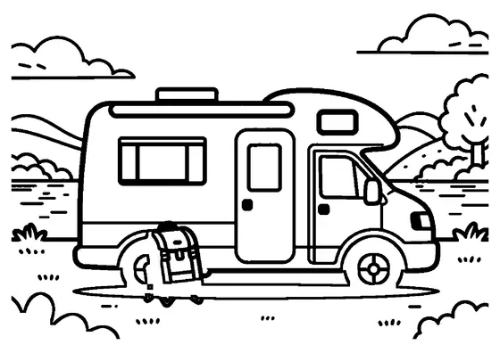 Un grand camping-car est garé près d’une chaise de camping et d’un sac à dos, au bord d’un lac en forêt.