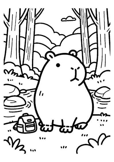 A capybara standing next to a backpack and a hat in a forest setting.