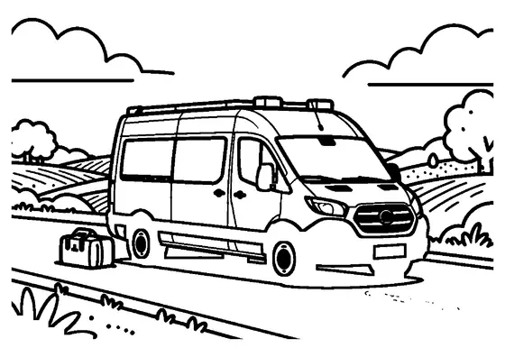 An ambulance driving down a open country road between fields, trees, and clouds.