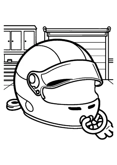 Um capacete grande está deitado ao lado de luvas e um volante contra o cenário de um pit stop de corrida.