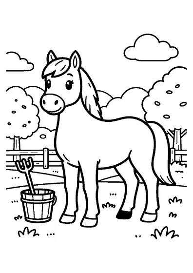 A horse beside a bucket and pitchfork in a blooming meadow by a fence.