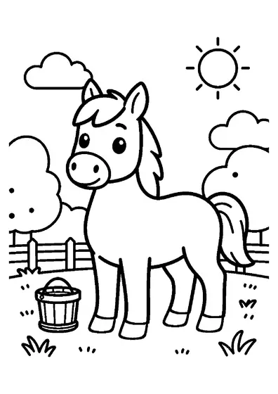 A saddled horse standing in a forest clearing next to a water bucket.
