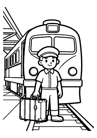 Um agente ferroviário sorridente está de pé com uma mala e lanterna perto de um comboio sob a marquise da estação.