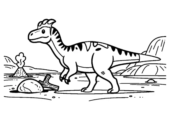 Um Corythosaurus está de pé junto a um bloco de pedra com vista para um gêiser e terraços de fontes termais.