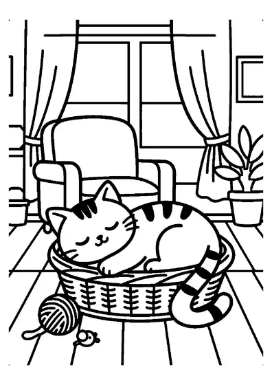 A cat sleeping in a basket next to a ball of yarn and a toy mouse.
