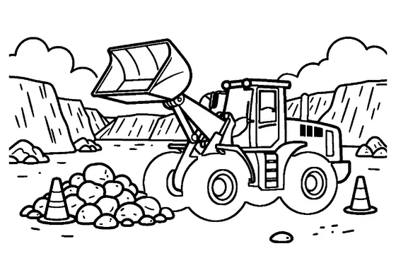 A wheel loader with its bucket raised standing next to boulders in a quarry.