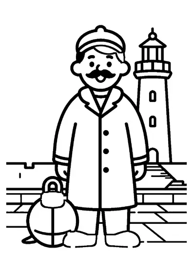 Ein Leuchtturmwärter steht unter dem Leuchtturm neben einer Boje und einer Kiste auf der Steinmole.