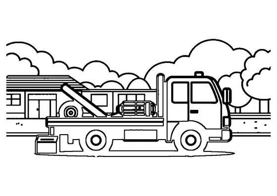 A large tow truck with its ramp lowered parked outside an auto repair shop.