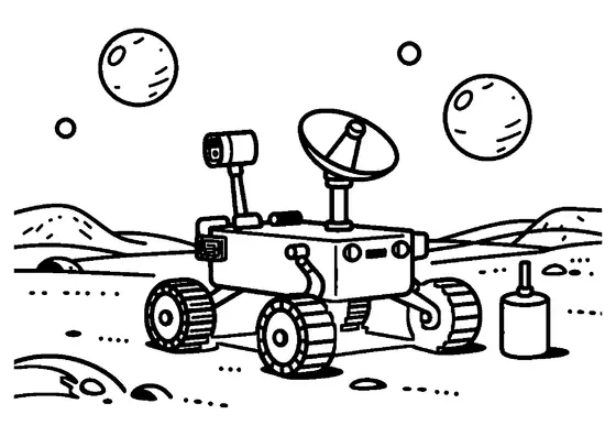 Rover spatial équipé d’une antenne et d’un bac à échantillons au milieu des rochers.