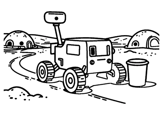 Un rover explore une plaine près d’une antenne, d’un conteneur d’échantillons et des modules d’une base lunaire.